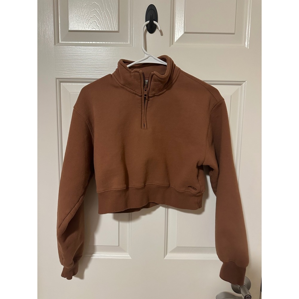TNA Pullover Womens S Brown Cozy Fleece Perfect Fit Quarter Zip Cropped Sweater